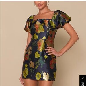 So Stunning Navy Blue Floral Jacquard Puff Sleeve Mini Dress